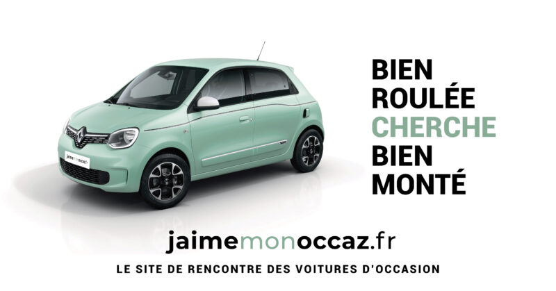 Publicité pour un véhicule d'occasion bien roulé, mettant en avant le slogan "Cherche bien monté" pour attirer des acheteurs ciblés