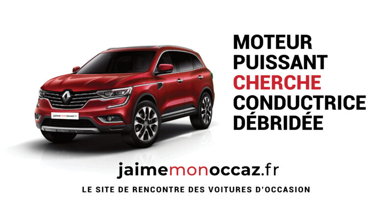 branding communication Publicité pour un véhicule d'occasion avec un moteur puissant, mettant en avant le slogan "Cherche conductrice débridée"