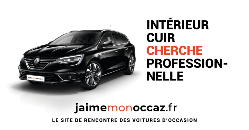 Affiche pour un site de voitures d'occasion mettant en avant un véhicule avec le slogan 'Intérieur cuir, cherche professionnelle'